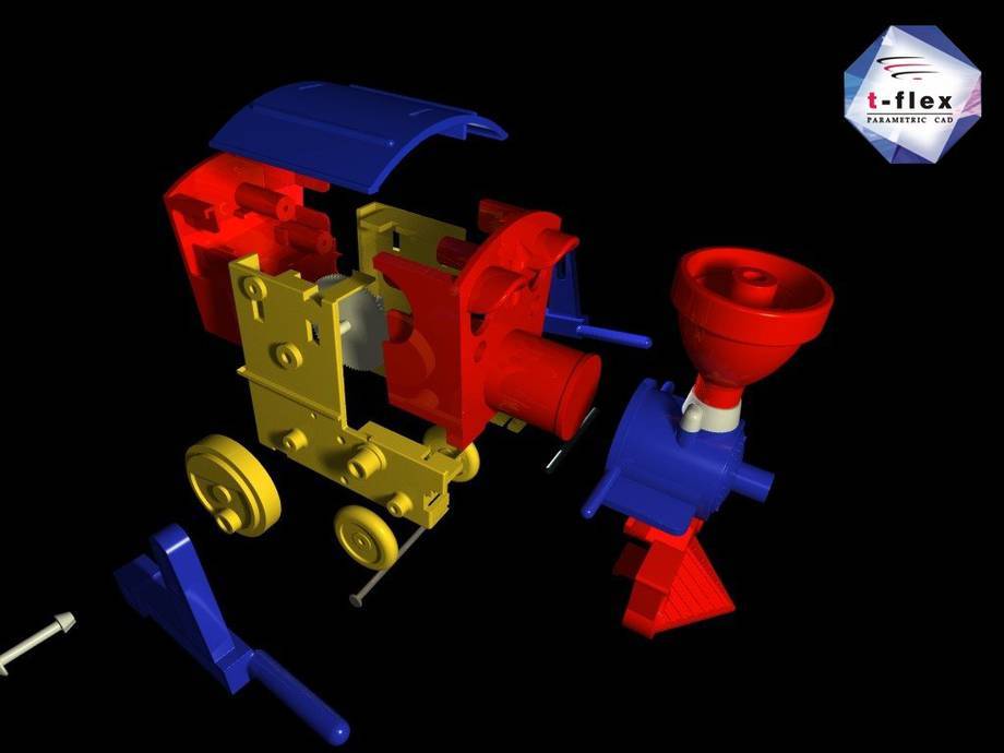 Projekt lokomotywy zabawki wykonany w systemie T-Flex CAD.